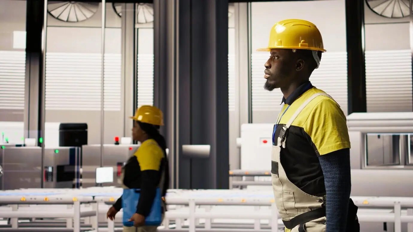 Ein Mann geht durch eine Industrie-4.0-Anlage, notiert vorzunehmende Änderungen und leistet technischen Support.